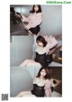A woman in a pink sweater and black lingerie posing for a picture.